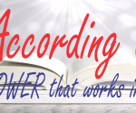 Banner text reads 'According to POWER that works in us' in red and blue script over a bright, sunlit background with papers beneath.